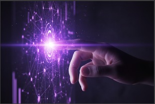 Hand touching a glowing purple digital interface