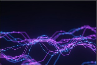Abstract purple data streams over a dark digital grid